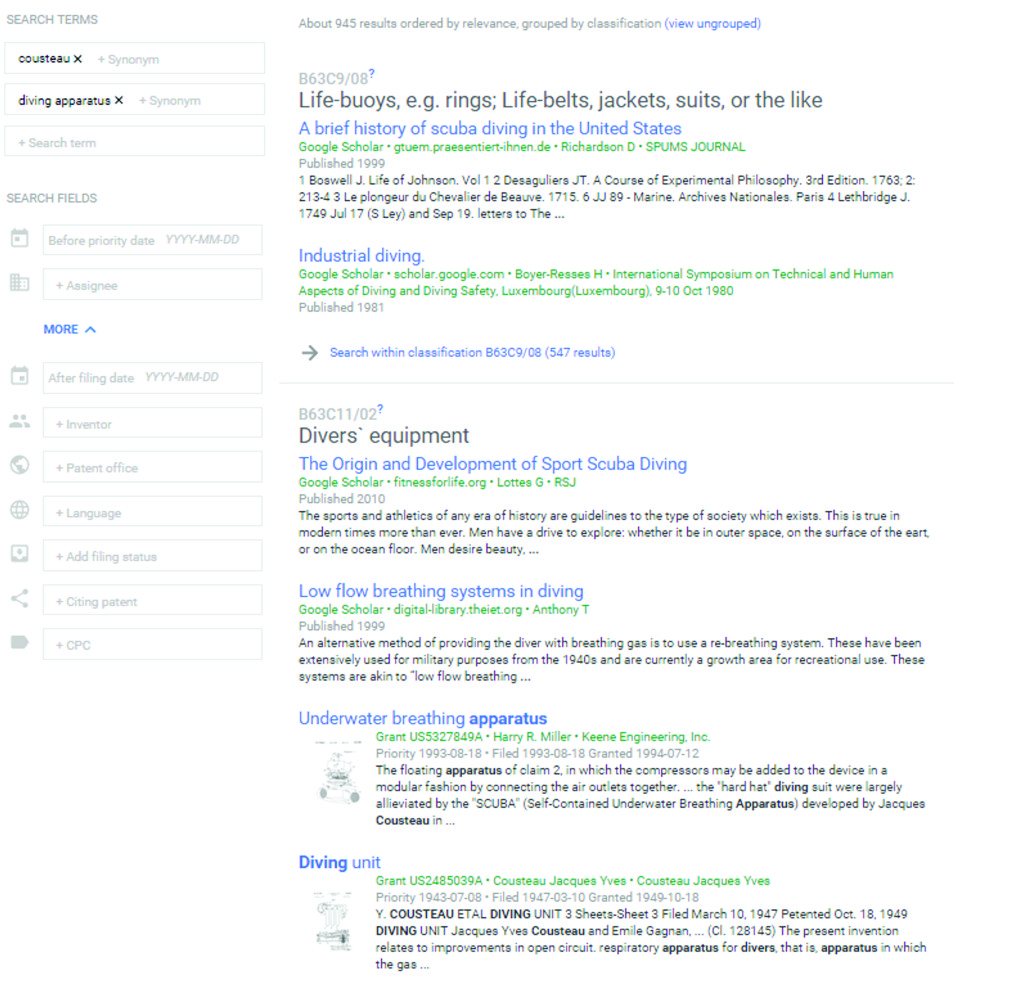 Google Patents search results page including Prior Art Finder results.