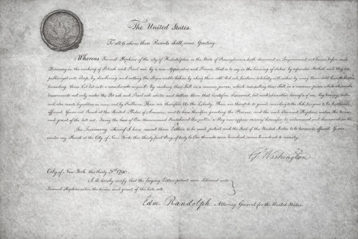 The First United States Patent signed by President George Washington